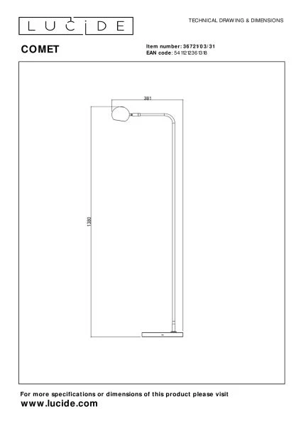 Lucide COMET - Rechargeable Floor lamp - Battery pack- LED 3 StepDim - 1x3W 2700K - White - technical